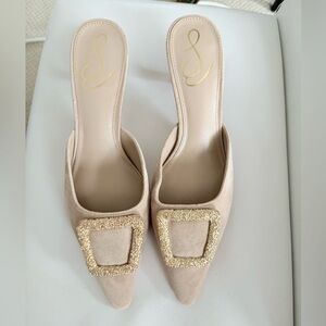 Sam Edelman Brit Beige Kitten Heel Mules with Gold Accent Buckle